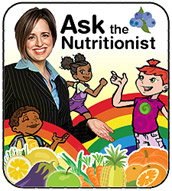 Graphic of Kids , fruit and vegtable, and rainbows with a real women next to words Ask the nutrionist