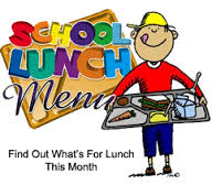 Graphic of Kid holding school lunch tray and Multicolored words School Lunch Menu on Left side