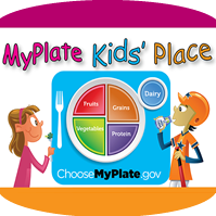 Graphic of two kids looking at a plate divided into different food categories next to words choosemyplate.gov