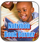 Child with his parent reading a book with the words nutrition book Corner in front of it