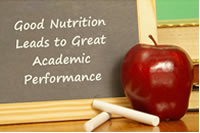 Red apple next to chalkboard with words good Nutrition Leads to Great Academic Performance