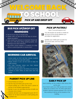 Directions for car pick up, Pick Up Patrol, and a map of car pick up lines and spots. 